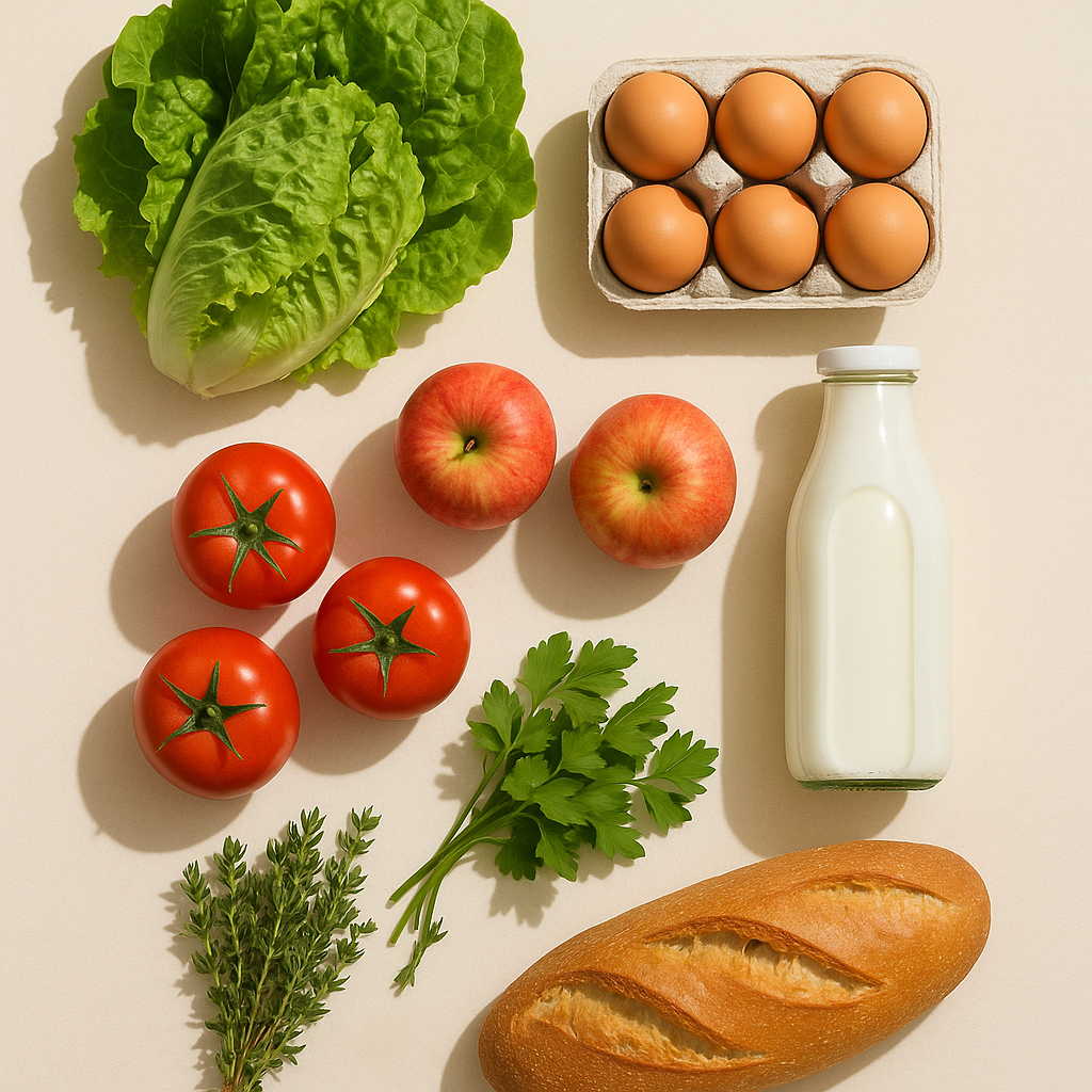 Frischekorb: Gemüse, Obst, Eier, Milch und Brot