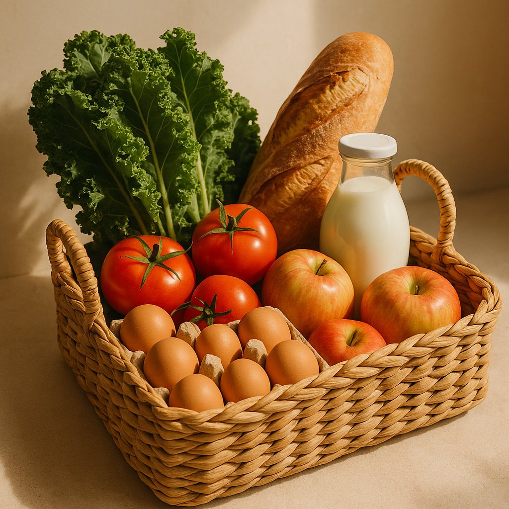 Frischekorb der Woche mit Gemüse, Eiern, Milch und Brot